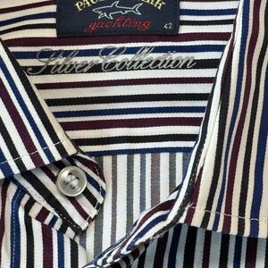 Paul & Shark Men's Striped Dress Shirt - Navy/Maroon/Black L 16 34 Italy